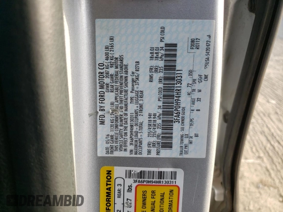 2017 Ford Fusion SE with VIN 3FA6P0H94HR130311, listed as a Copart auction lot 48959105 with 155,940 mi miles and Salvage Title. Bid and sale history available at DreamBid. Image 12.