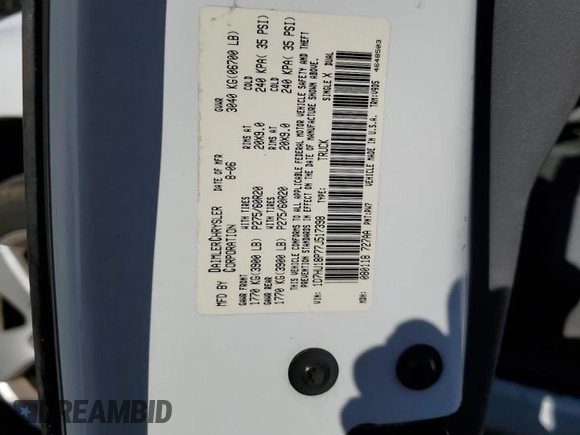 2007 Dodge 1500 ST with VIN 1D7HU18P77J517398, listed as a Copart auction lot 75881114 with 195,380 mi miles and Salvage Title. Bid and sale history available at DreamBid. Image 12.