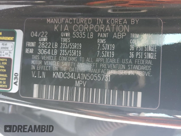 2022 Kia EV6 Wind with VIN KNDC34LA1N5055731, listed as a Copart auction lot 69459954 with 47,919 mi miles and Salvage Title. Bid and sale history available at carsss.com. Image 16.