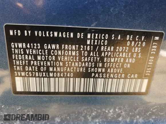 2020 Volkswagen Jetta S with VIN 3VWC57BUXLM084740, listed as a Copart auction lot 56178645 with 109,667 mi miles and Salvage title. Bid and sale history available at DreamBid. Image 12.