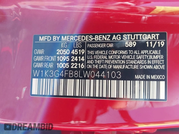 2020 Mercedes-Benz A 220 with VIN W1K3G4FB8LW044103, listed as a IAAI auction lot 42126567 with 56,657 mi miles and . Bid and sale history available at DreamBid. Image 9.