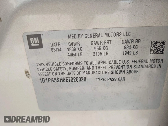 2014 Chevrolet Cruze LS with VIN 1G1PA5SH8E7326020, listed as a IAAI auction lot 42182314 with 65,000 mi miles and . Bid and sale history available at DreamBid. Image 9.