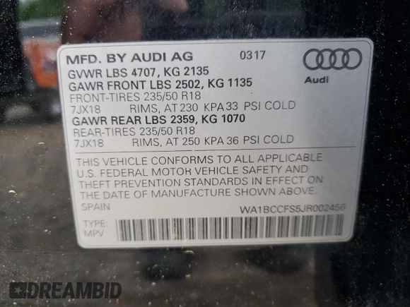 2018 Audi Q3 Premium with VIN WA1BCCFS5JR002456, listed as a Copart auction lot 54186015 with 213,226 mi miles and Clean Title. Bid and sale history available at carsss.com. Image 13.