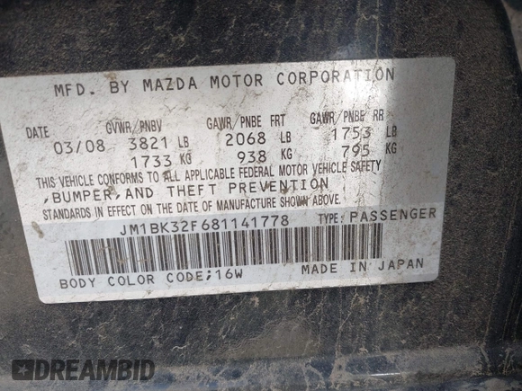 2008 Mazda 3 i Sport with VIN JM1BK32F681141778, listed as a IAAI auction lot 42125175 with 197,212 mi miles and . Bid and sale history available at DreamBid. Image 9.