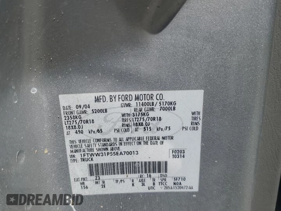 2005 Ford F-350 XL z VIN 1FTWW31P55EA70013, wystawiony jako Copart lot #62473005 z przebiegiem 205 642 mil mil oraz Szkoda całkowita • Salvage title. Historia ofert i sprzedaży dostępna na DreamBid. Obrazek 13.