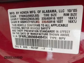 2006 Honda Odyssey EX-L with VIN 5FNRL38696B408404, listed as a IAAI auction lot 42081782 with 229,835 mi miles. Bid and sale history available at carsss.com. Image 9.