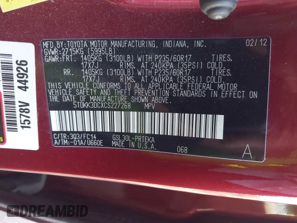 2012 Toyota Sienna LE AAS with VIN 5TDKK3DCXCS227268, listed as a IAAI auction lot 41504555 with 268,609 mi miles. Bid and sale history available at carsss.com. Image 9.