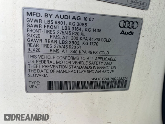 2008 Audi Q7 Premium Plus z VIN WA1EY74L78D028274, wystawiony jako Copart lot #77320954 z przebiegiem Nie podano mil oraz Czysty tytuł • Clean title. Historia ofert i sprzedaży dostępna na DreamBid. Obrazek 10.