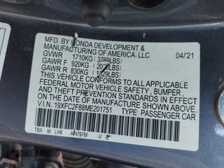 2021 Honda Civic Sedan Sport with VIN 19XFC2F88ME201751, listed as a IAAI auction lot 41643759 with 111,796 mi miles. Bid and sale history available at carsss.com. Image 9.