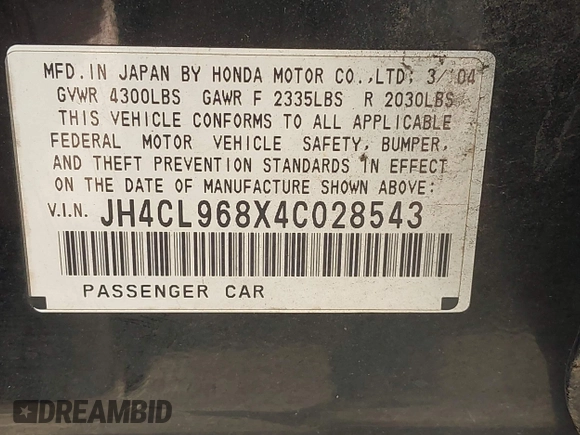 2004 Acura TSX с VIN JH4CL968X4C028543, выставлен на аукционе IAAI как лот 42478651 с пробегом 296 407 миль миль и . История ставок и продаж доступна на DreamBid. Изображение 9.