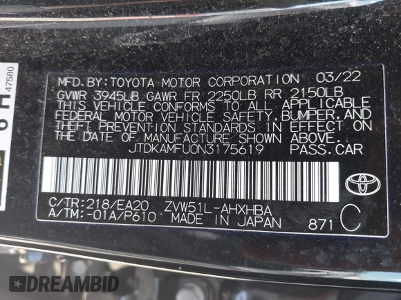 2022 Toyota Prius L Eco with VIN JTDKAMFU0N3175619, listed as a IAAI auction lot 42098135 with 72,984 mi miles and . Bid and sale history available at DreamBid. Image 9.