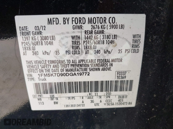 2013 Ford Explorer XLT with VIN 1FM5K7D90DGA19772, listed as a IAAI auction lot 42808495 with 149,997 mi miles and . Bid and sale history available at DreamBid. Image 9.