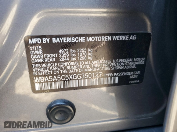 2016 BMW 5 Series 528i with VIN WBA5A5C5XGG350127, listed as a Copart auction lot 88058595 with 107,663 mi miles and Salvage title. Bid and sale history available at DreamBid. Image 12.