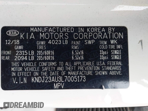 2020 Kia Soul S with VIN KNDJ23AU3L7005173, listed as a IAAI auction lot 41924907 with 74,792 mi miles and . Bid and sale history available at DreamBid. Image 9.