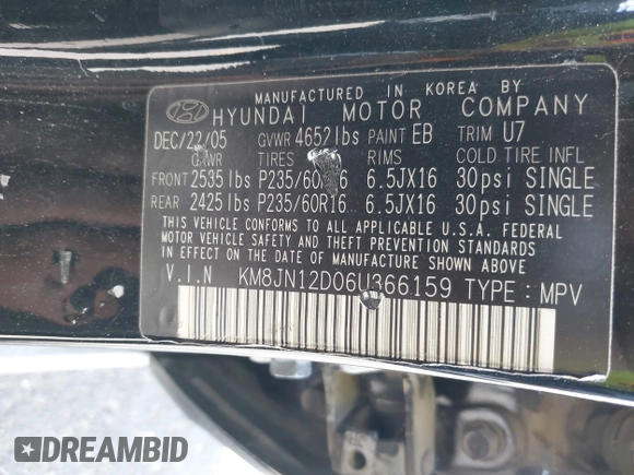2006 Hyundai Tucson GLS with VIN KM8JN12D06U366159, listed as a IAAI auction lot 41981578 with 231,315 mi miles. Bid and sale history available at carsss.com. Image 9.