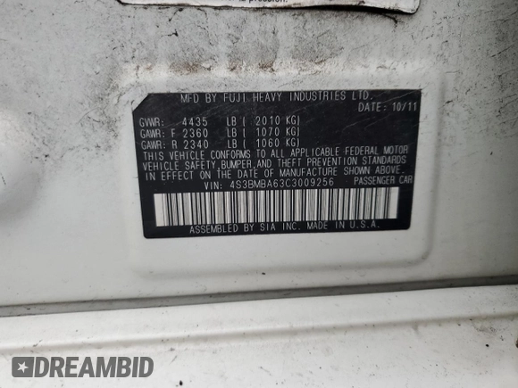 2012 Subaru Legacy 2.5i with VIN 4S3BMBA63C3009256, listed as a Copart auction lot 61028795 with 208,065 mi miles and Non repairable. Bid and sale history available at DreamBid. Image 12.