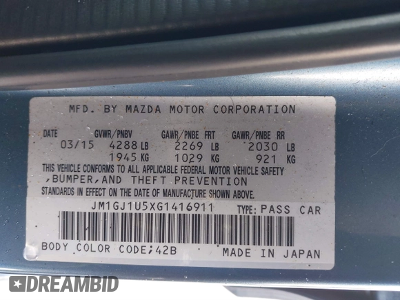 2016 Mazda 6 i Sport with VIN JM1GJ1U5XG1416911, listed as a IAAI auction lot 41562190 with 101,427 mi miles and . Bid and sale history available at DreamBid. Image 9.