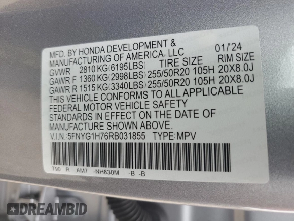 2024 Honda Pilot Touring with VIN 5FNYG1H76RB031855, listed as a Copart auction lot 70773994 with 3,618 mi miles and Salvage Title. Bid and sale history available at carsss.com. Image 12.