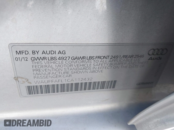 2012 Audi A4 Premium Plus with VIN WAUFFAFL1CA112432, listed as a IAAI auction lot 42452587 with 103,234 mi miles and . Bid and sale history available at DreamBid. Image 9.