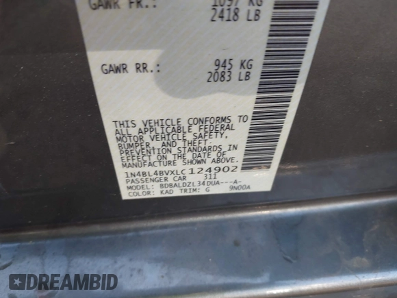 2020 Nissan Altima S z VIN 1N4BL4BVXLC124902, wystawiony jako IAAI lot #41766491 z przebiegiem 172 562 mil mil oraz . Historia ofert i sprzedaży dostępna na DreamBid. Obrazek 9.