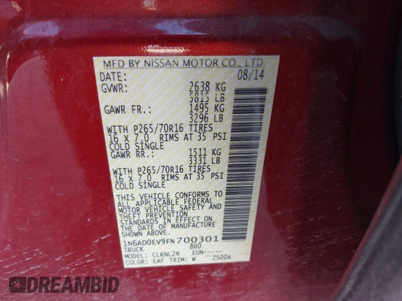 2015 Nissan Frontier SV with VIN 1N6AD0EV9FN700301, listed as a IAAI auction lot 41771088 with 136,749 mi miles and . Bid and sale history available at DreamBid. Image 9.