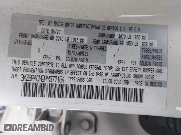 2023 Mazda 3 S Preferred with VIN 3MZBPACM9PM377164, listed as a IAAI auction lot 42098075 with 24,764 mi miles and . Bid and sale history available at DreamBid. Image 9.