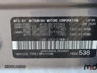 2020 Mitsubishi Eclipse Cross LE z VIN JA4AT4AA3LZ609491, wystawiony jako Copart lot #59165484 z przebiegiem 66 586 mil mil oraz Szkoda całkowita • Salvage title. Historia ofert i sprzedaży dostępna na DreamBid. Obrazek 9.