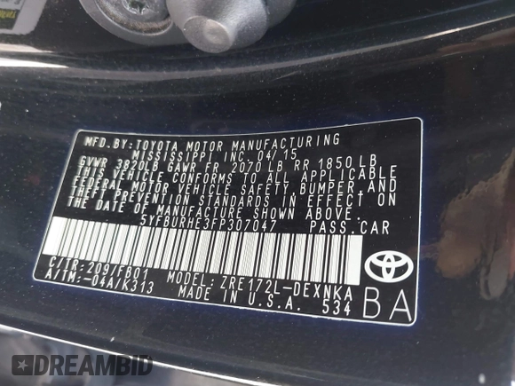 2015 Toyota Corolla L with VIN 5YFBURHE3FP307047, listed as a IAAI auction lot 41525250 with 181,605 mi miles and . Bid and sale history available at DreamBid. Image 9.