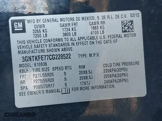 2012 Chevrolet Avalanche LT with VIN 3GNTKFE77CG228522, listed as a IAAI auction lot 40941557 with 166,954 mi miles. Bid and sale history available at carsss.com. Image 9.