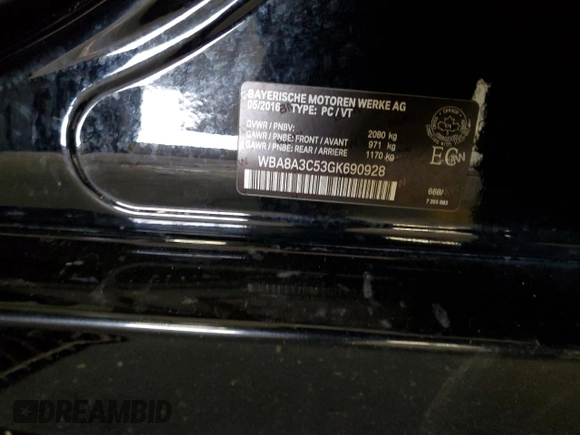 2016 BMW 3 Series 320i xDrive with VIN WBA8A3C53GK690928, listed as a Copart auction lot 44220595 with 123,148 mi miles and Salvage Title. Bid and sale history available at DreamBid. Image 12.