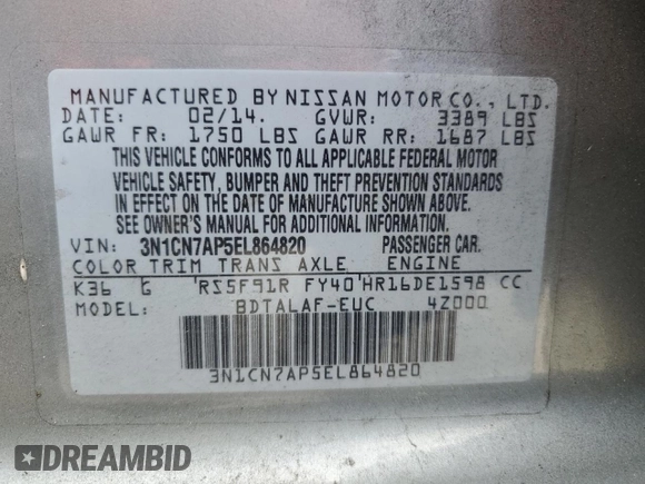 2014 Nissan Versa S with VIN 3N1CN7AP5EL864820, listed as a Copart auction lot 53992555 with 0 mi miles and Salvage Title. Bid and sale history available at carsss.com. Image 12.