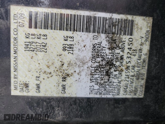 2009 Nissan Altima 2.5 SL with VIN 1N4AL21E59N532450, listed as a Copart auction lot 54273145 with 0 mi miles and Salvage Title. Bid and sale history available at carsss.com. Image 12.