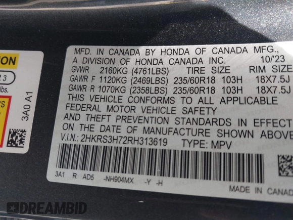 2024 Honda CR-V EX-L with VIN 2HKRS3H72RH313619, listed as a IAAI auction lot 42245044 with 17,070 mi miles and . Bid and sale history available at DreamBid. Image 9.