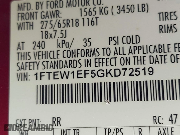 2016 Ford F-150 XLT with VIN 1FTEW1EF5GKD72519, listed as a IAAI auction lot 42353198 with 156,263 mi miles and . Bid and sale history available at DreamBid. Image 9.