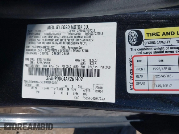 2010 Ford Fusion SPORT with VIN 3FAHP0DC4AR261402, listed as a IAAI auction lot 41751517 with 216,670 mi miles. Bid and sale history available at carsss.com. Image 9.