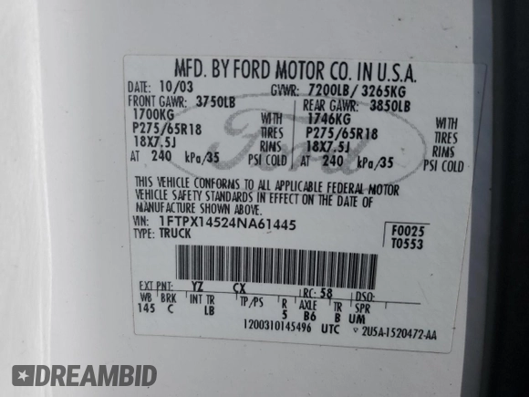 2004 Ford F-150 XLT with VIN 1FTPX14524NA61445, listed as a Copart auction lot 50953435 with 207,622 mi miles and Clean Title. Bid and sale history available at carsss.com. Image 12.