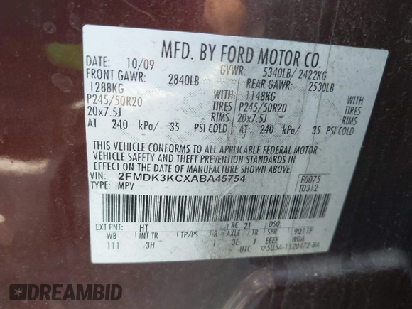 2010 Ford Edge Limited with VIN 2FMDK3KCXABA45754, listed as a IAAI auction lot 41889621 with 207,784 mi miles. Bid and sale history available at carsss.com. Image 9.