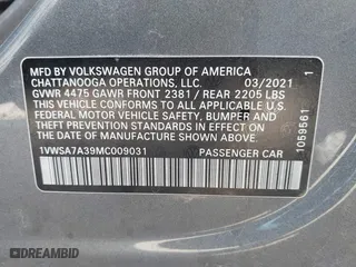 2021 Volkswagen Passat 2.0T SE with VIN 1VWSA7A39MC009031, listed as a IAAI auction lot 41138267 with 108,866 mi miles. Bid and sale history available at carsss.com. Image 9.