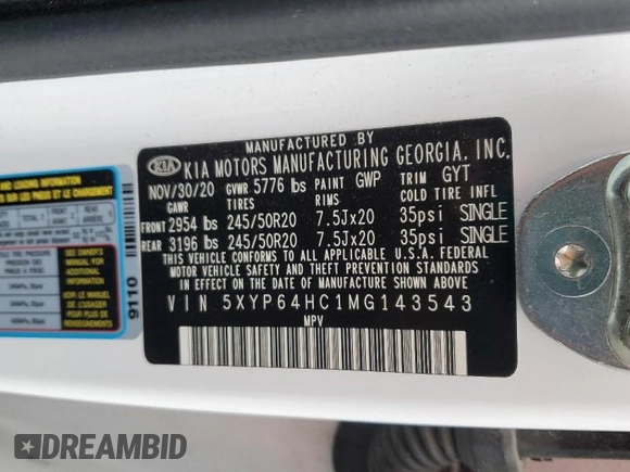 2021 Kia Telluride S with VIN 5XYP64HC1MG143543, listed as a Copart auction lot 58539705 with 90,841 mi miles and Salvage title. Bid and sale history available at DreamBid. Image 12.