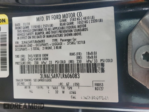 2020 Lincoln MKZ Standard with VIN 3LN6L5A97LR606083, listed as a Copart auction lot 48246525 with 92,657 mi miles and Salvage Title. Bid and sale history available at carsss.com. Image 13.