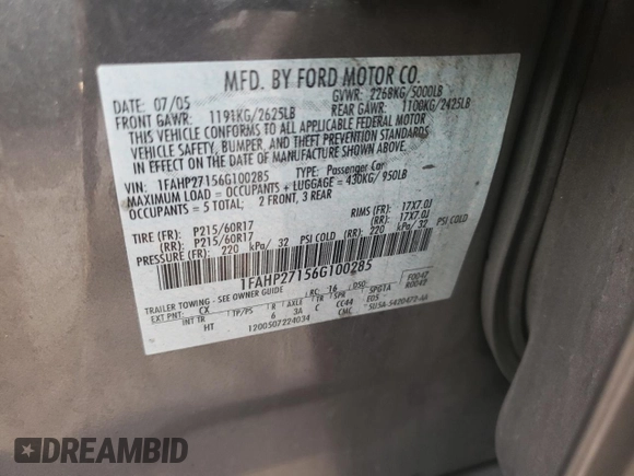 2006 Ford Five Hundred SEL with VIN 1FAHP27156G100285, listed as a Copart auction lot 79887834 with 99,802 mi miles and Salvage Title. Bid and sale history available at carsss.com. Image 14.