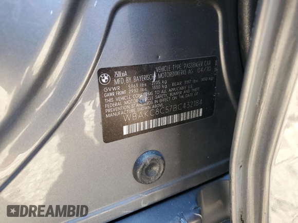 2011 BMW 7 Series 750Li xDrive with VIN WBAKC8C57BC432184, listed as a Copart auction lot 79508904 with 95,269 mi miles and Salvage Title. Bid and sale history available at carsss.com. Image 12.