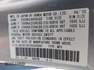 2005 Honda CR-V LX with VIN JHLRD78535C050081, listed as a IAAI auction lot 40169911 with 132,177 mi miles. Bid and sale history available at carsss.com. Image 9.