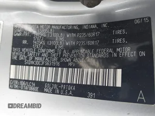 2015 Toyota Sienna XLE with VIN 5TDYK3DC3FS631916, listed as a IAAI auction lot 42043495 with 76,986 mi miles and . Bid and sale history available at DreamBid. Image 9.