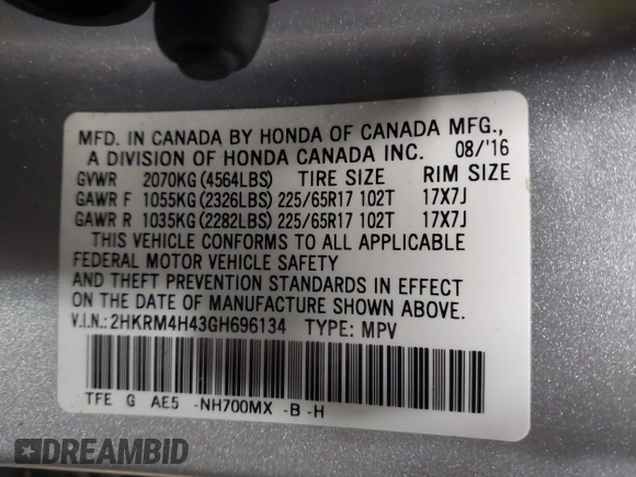 2016 Honda CR-V SE with VIN 2HKRM4H43GH696134, listed as a IAAI auction lot 41338376 with Not Provided miles and . Bid and sale history available at carsss.com. Image 9.