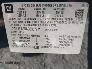 2013 Chevrolet Equinox LS z VIN 2GNALBEK6D6357771, wystawiony jako IAAI lot #41869481 z przebiegiem 186 134 mil mil oraz . Historia ofert i sprzedaży dostępna na DreamBid. Obrazek 9.