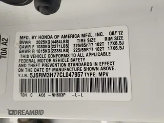 2012 Honda CR-V EX-L with VIN 5J6RM3H77CL047957, listed as a IAAI auction lot 41930875 with 188,439 mi miles. Bid and sale history available at carsss.com. Image 9.