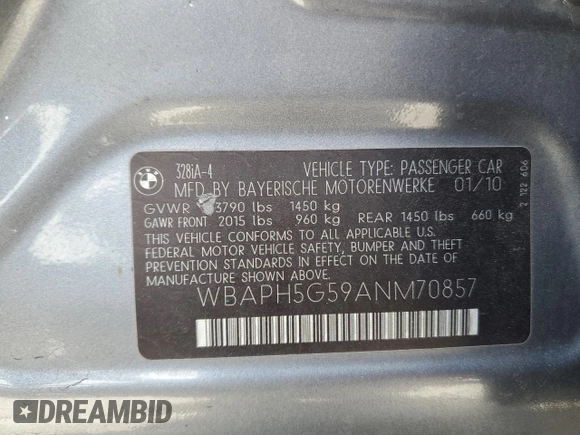 2010 BMW 3 Series 328i with VIN WBAPH5G59ANM70857, listed as a Copart auction lot 56457805 with 93,068 mi miles and Salvage title. Bid and sale history available at DreamBid. Image 13.