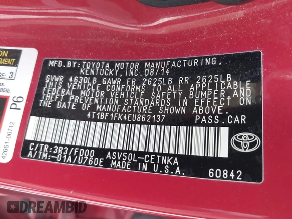 2014 Toyota Camry L with VIN 4T1BF1FK4EU862137, listed as a IAAI auction lot 41800089 with 171,716 mi miles and . Bid and sale history available at DreamBid. Image 9.