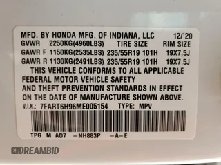 2021 Honda CR-V Touring with VIN 7FART6H96ME005154, listed as a Copart auction lot 60266905 with 54,624 mi miles and Salvage title. Bid and sale history available at DreamBid. Image 13.